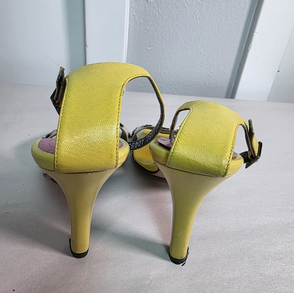 Mario Valentino Italy Zebra Print Calf Hair & Lime Green Leather Heel Sandals